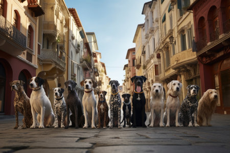 Many dogs of various breeds stand on a city street and look at the cameraの素材