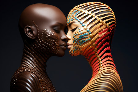 Two women of different races in an embrace, symbolizing solidarity and equality, LGBT community, dark background, friendship and respectの素材