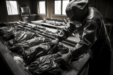 Hands of a person wearing protective gloves, examining dirt and rubbish in bins, emphasizing the importance of proper waste disposalの素材