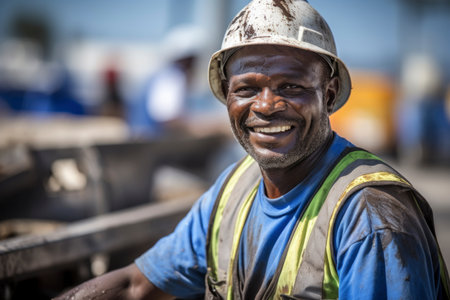 Portrait of a smiling African American man wearing construction helmets and uniform against the background of a construction siteの素材