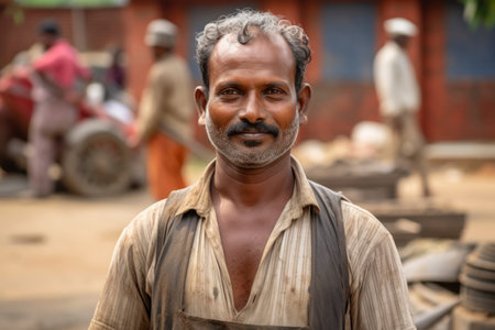portrait of a smiling Indian man against the backdrop of a villageの素材