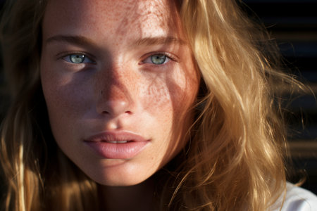 A close-up portrait of a young, attractive woman gazing directly into the cameraの素材