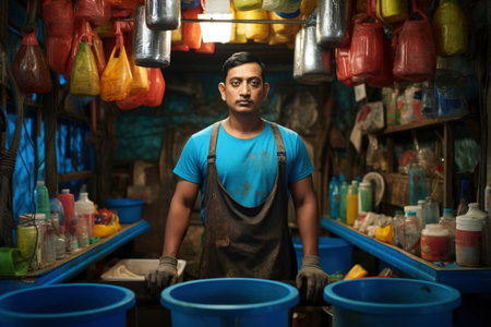 Portrait of an Asian man in a shop with numerous plastic containers and conesの素材