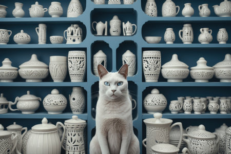 A curious white kitty gazes at the lens, surrounded by porcelain jugs and cups on the shelvesの素材