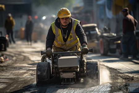 a man in a construction uniform and a helmet rides a road construction machineの素材