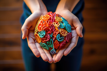 Female palms cradle a diverse, brightly colored brain, representing the concept of neurodiversity and the varied characteristics of individualsの素材