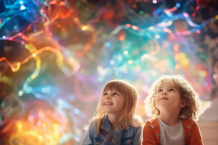 Children with glowing, colorful lights intertwined in their hair, symbolizing neurodiversity and the distinctive qualities that make each child uniqueの素材