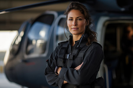 Proud woman pilot in military uniform, highlighting gender equality, stands confidently next to her helicopterの素材