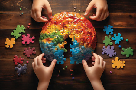 Children's hands fold puzzles of the human brain colored illustrating Neuro diversityの素材