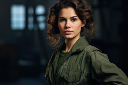 A woman in military attire, proudly serving, embraces gender equality, advocating for equal opportunities, inspiring future generations of women to contribute fearlessly, fostering a diverse and strong militaryの素材