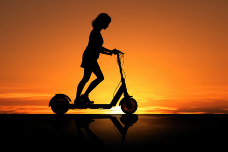 Evening escapade: silhouette of a woman gliding on a scooter, the sky painted in twilight huesの素材