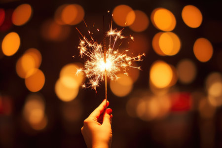 Festive ambiance captured: a hand holding a shimmering sparkler amid the radiant glow of Christmas and New Year lights, radiating holiday cheerの素材