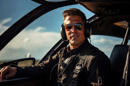 Military helicopter pilot exuding strength and courage, standing tall by his chopper, epitomizing dedication and braveryの素材