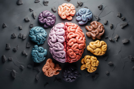 Neurodiversity. multi-colored brain surrounded by brains on a dark background.の素材