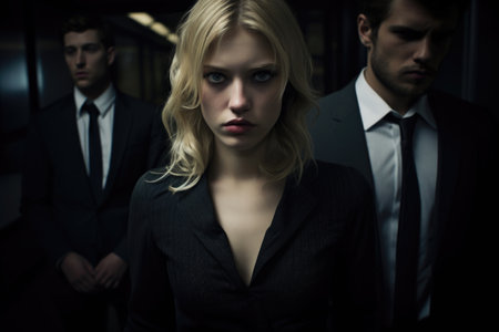 Woman confidently ignoring men, embodying the gender equality concept, a determined female gazes directly into the cameraの素材