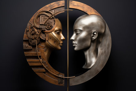 Visualizing gender parity: a man and woman facing each other on scales, illustrating equity and mutual respect, a powerful message for equalityの素材