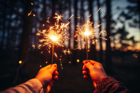 two hands holding sparklers against the background of a night forest reflecting the onset of Christmasの素材