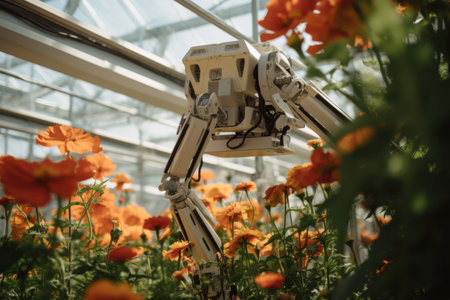 A robot mechanism cultivates vibrant flowers in a greenhouse, representing the future of agriculture, where automation and precision enhance floral cultivationの素材