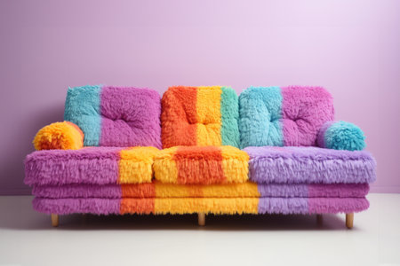 Cozy Chroma Oasis: Chromatic, cozy sofa design creating an oasis of relaxation against a white canvas, promising a chromatic journey of comfortの素材