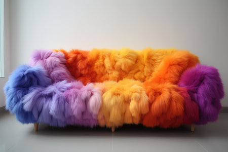 Rainbow Lounging Corner: Rainbow-colored, plush couch design creating a cozy corner against a clean white canvas, promising joyful loungingの素材