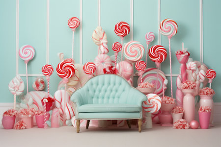 Confectionery Cozy Retreat: Experience a cozy escape in Candycore style, where a sofa is adorned with an array of candies and lollipops, creating a sugary haven of comfortの素材