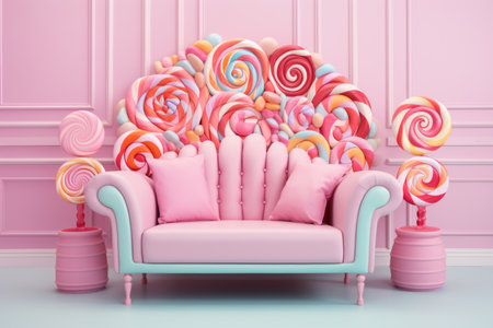 Sweet Indulgence Nook: Immerse in the Candycore vibe with a candy-filled sofa scene, a delightful haven of sugary hues and confectionery wondersの素材