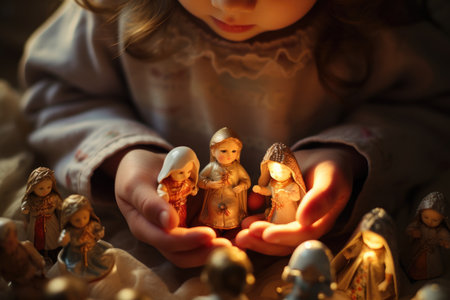 children's hands hold figurines of women in Christmas lightsの素材