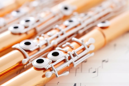 Melodic Details: Zoom in on the melodic details of a musical instrument against a light backdrop, symbolizing the harmony found in the details of music educationの素材