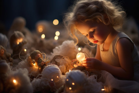 christmas concept little girl holding glowing lights in christmas settingの素材