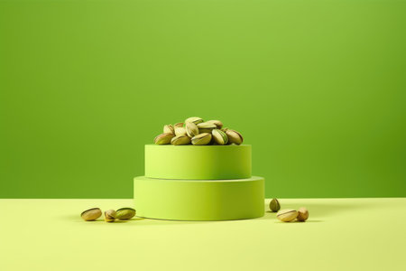 Pistachio Paradise: Pistachios arranged on a green stage create a paradisiacal scene, a tribute to nutty indulgenceの素材