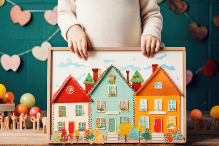 Handcrafted Home Joy: Delight in the joy of a child's hands molding a miniature home, symbolizing family bliss and safetyの素材