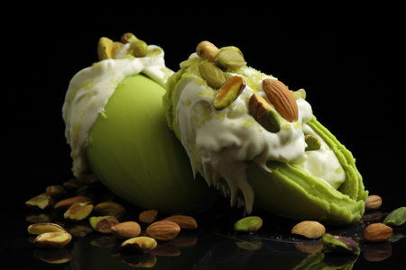 Pistachio Pleasure Noir Style: Experience Pistachio Pleasure Noir Style - a slice of pleasure on a black background.の素材