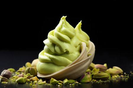 Delicate Pistachio Bliss Experience bliss in every bite scoop of pistachio ice cream on smooth black surface.の素材