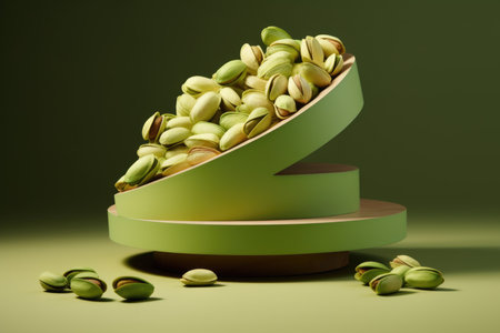 Nature's Bounty: A verdant platform showcases pistachios amidst lush greenery, celebrating the bounty of natureの素材