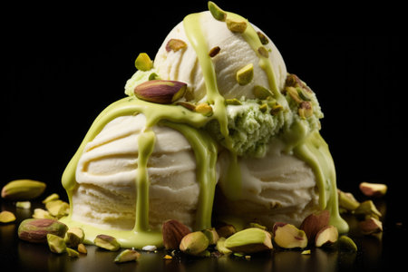 Pistachio Pleasure Noir Style: Experience the Pistachio Pleasure Noir style - a slice of pleasure on a black background.の素材