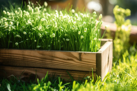 Wooden Sunbeam Haven: Embrace the tranquility of a wooden haven in the sun, as the close-up reveals the intricate details of a box cradling lush green grass, evoking a serene spring ambianceの素材