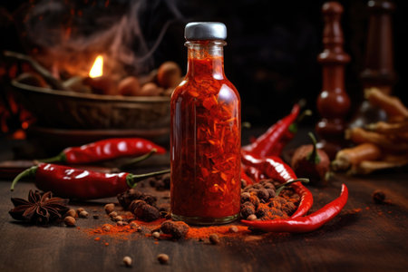 Flavorful Heat Ensemble: An ensemble of flavors unfolds on a wooden canvas, with a fiery sauce bottle taking the spotlight amid the lively companionship of hot peppers and an ensembleの素材