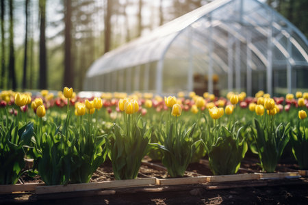 Vivid Tulip Utopia: Witness a utopia of vivid tulips flourishing in the greenhouse, a utopian haven for tulip enthusiastsの素材