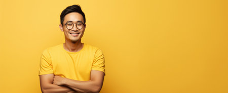Glasses of Sunshine: Glasses-clad, an Asian man radiates sunny vibes in a yellow ensemble, capturing the essence of joyful sophistication, Banner, place for text.の素材