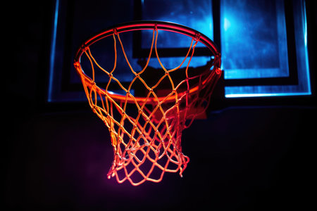 Illuminated Slam Dunk: A close-up of a basketball hoop, bathed in vibrant sports hues against a dark canvasの素材