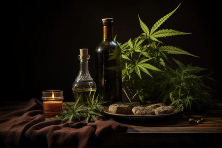 Hemp products on wooden background with marijuana leaves, a natural composition of oils and extractsの素材