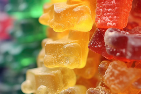 Macro close-up of assorted chewable vitamins, a symphony of fruity flavors and vivid colors, health in every chewの素材