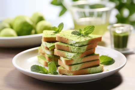Culinary delight: square toasts adorned with a rich layer of pistachio paste, enticingly arranged on a pristine white tabletopの素材