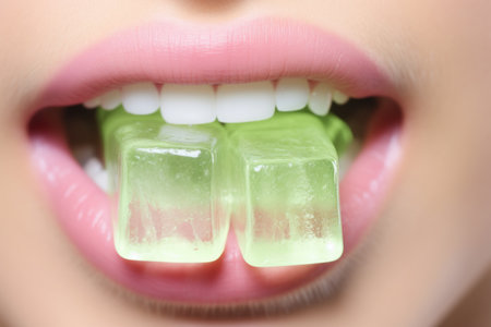 Tranquil CBD bliss: woman's lips with a gelatin candy, a close encounter with cannabinoid-infused pleasureの素材