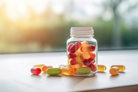 Daily nutrition in a jar: Gummy supplements and chewable vitamins presented in a glass jar, a colorful array for a nutritious startの素材