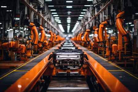A forward-thinking photo depicting the intersection of environmentally friendly practices and automotive production, with an industrial conveyor playing a vital roleの素材