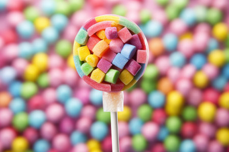 Candy on sticks in a sugary display: Various candies presented on sticks, forming a visually appealing and sweet exhibitionの素材