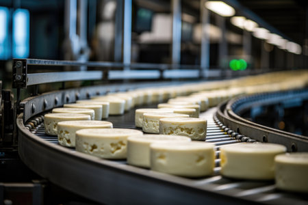 An image showcases a hub of cheese artistry, with an industrial conveyor at its core, symbolizing the continuous evolution and advancement in the world of gourmet cheese productionの素材