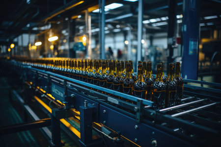 Brewery Automation: A dynamic photo captures an industrial conveyor preparing cans of beer, showcasing the automated and efficient production process in a modern breweryの素材