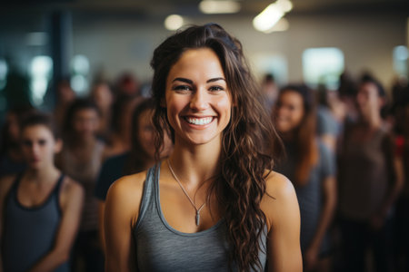 Tranquil Yoga Leadership: Leading with tranquility, a yoga instructor inspires students in a peaceful class settingの素材